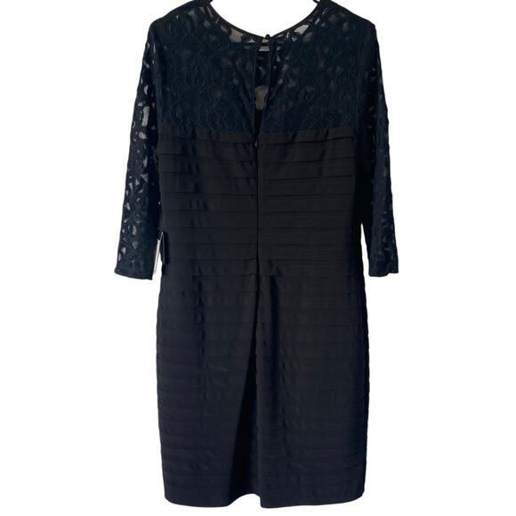 NEW ADRIANNA PAPELL Lace Sleeve Shutter Pleated Sheath Dress Size 14 Black - Picture 3 of 6